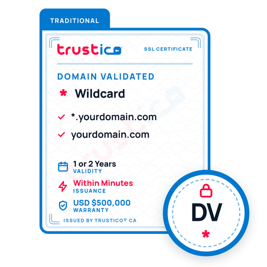 A certificate graphic for the Trustico® DV + Wildcard by Trustico CA, providing Domain Validation for yourdomain.com and *.yourdomain.com. Issued within minutes and backed by a $500,000 warranty, the DV badge is prominently displayed.